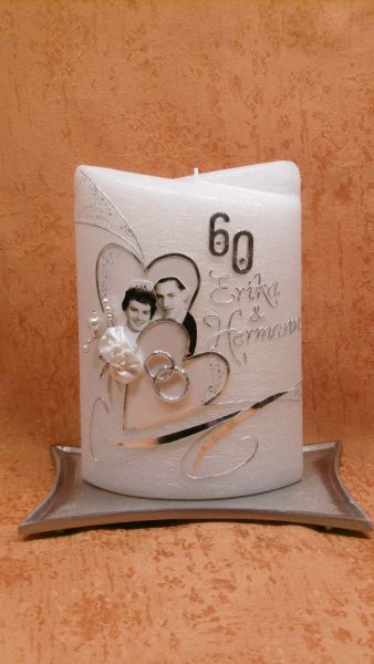 Diamantene Hochzeitskerze mit Bild Herzen und Rosen    833